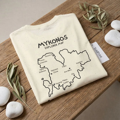 Folded Mykonos Island Map t-shirt with ToldPrint minimalist Mediterranean packaging