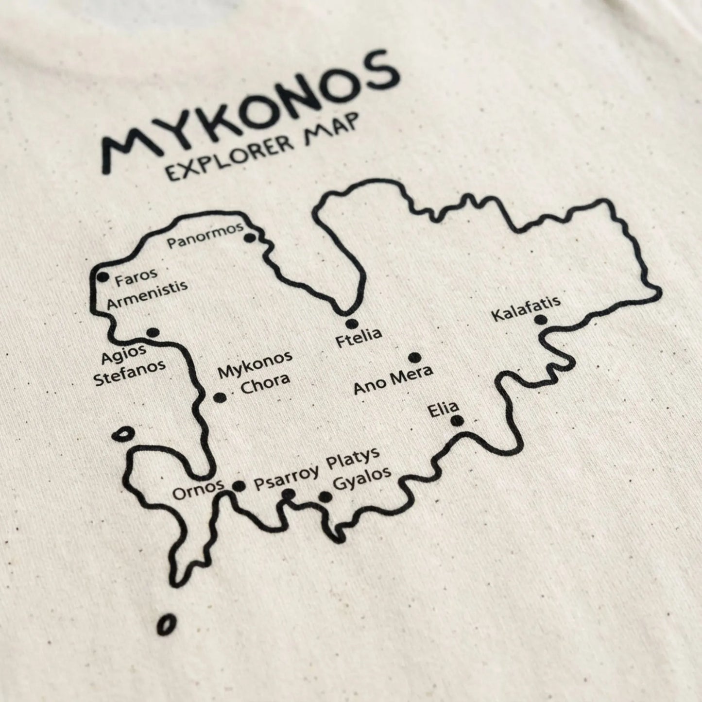 Close-up of Mykonos Island Map artwork printed on unisex t-shirt