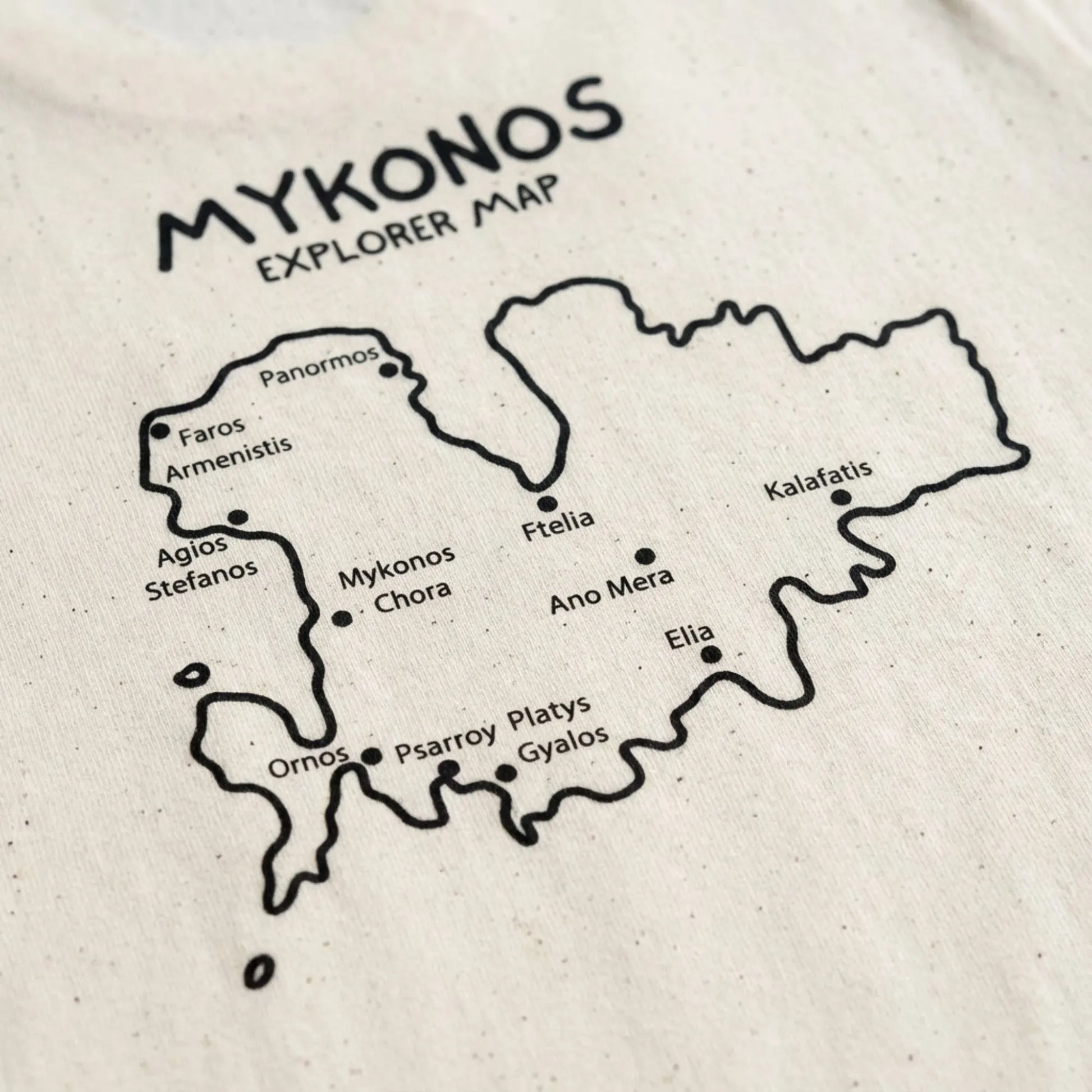 Close-up of Mykonos Island Map artwork printed on unisex t-shirt