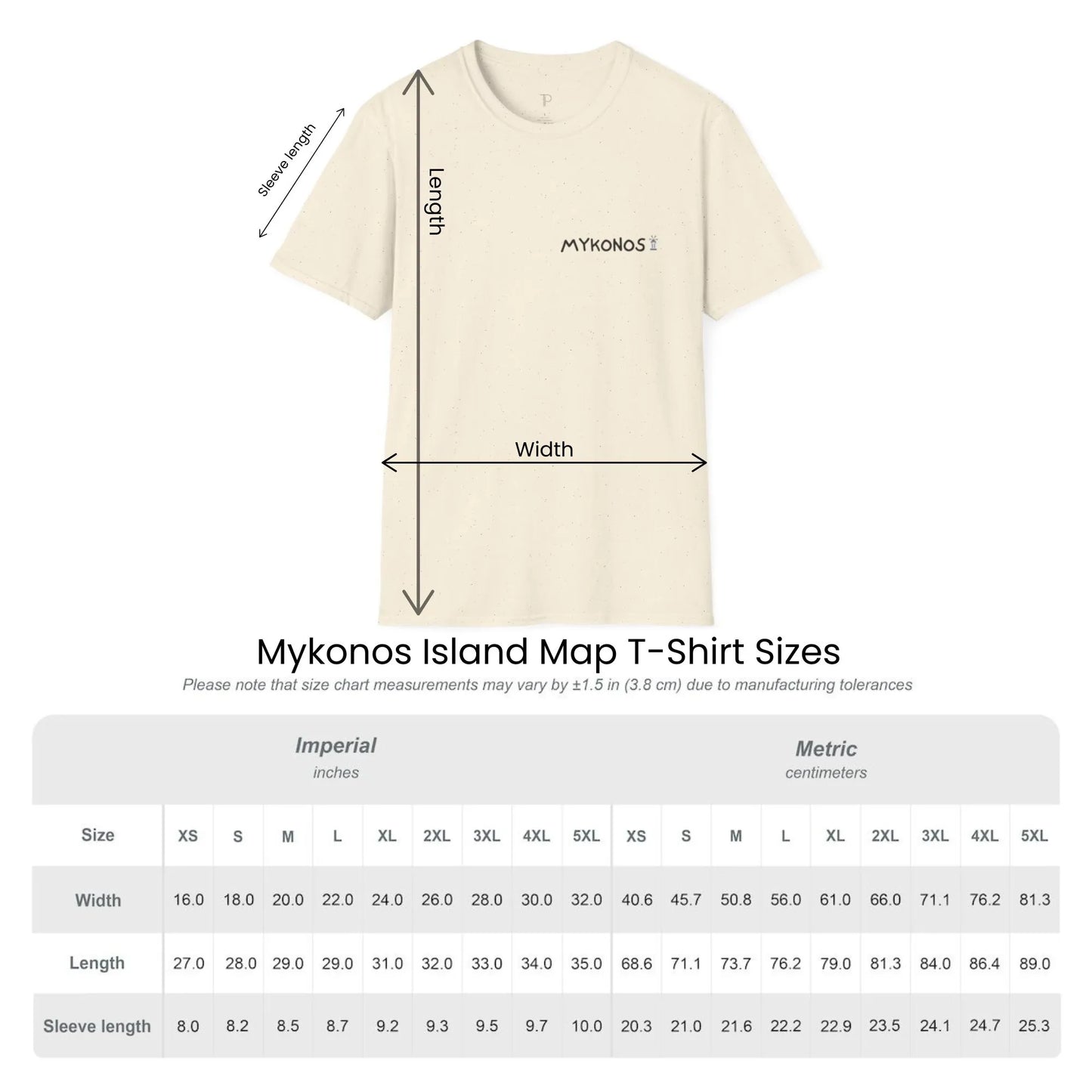 Size guide chart for Mykonos Island Map unisex t-shirt by ToldPrint