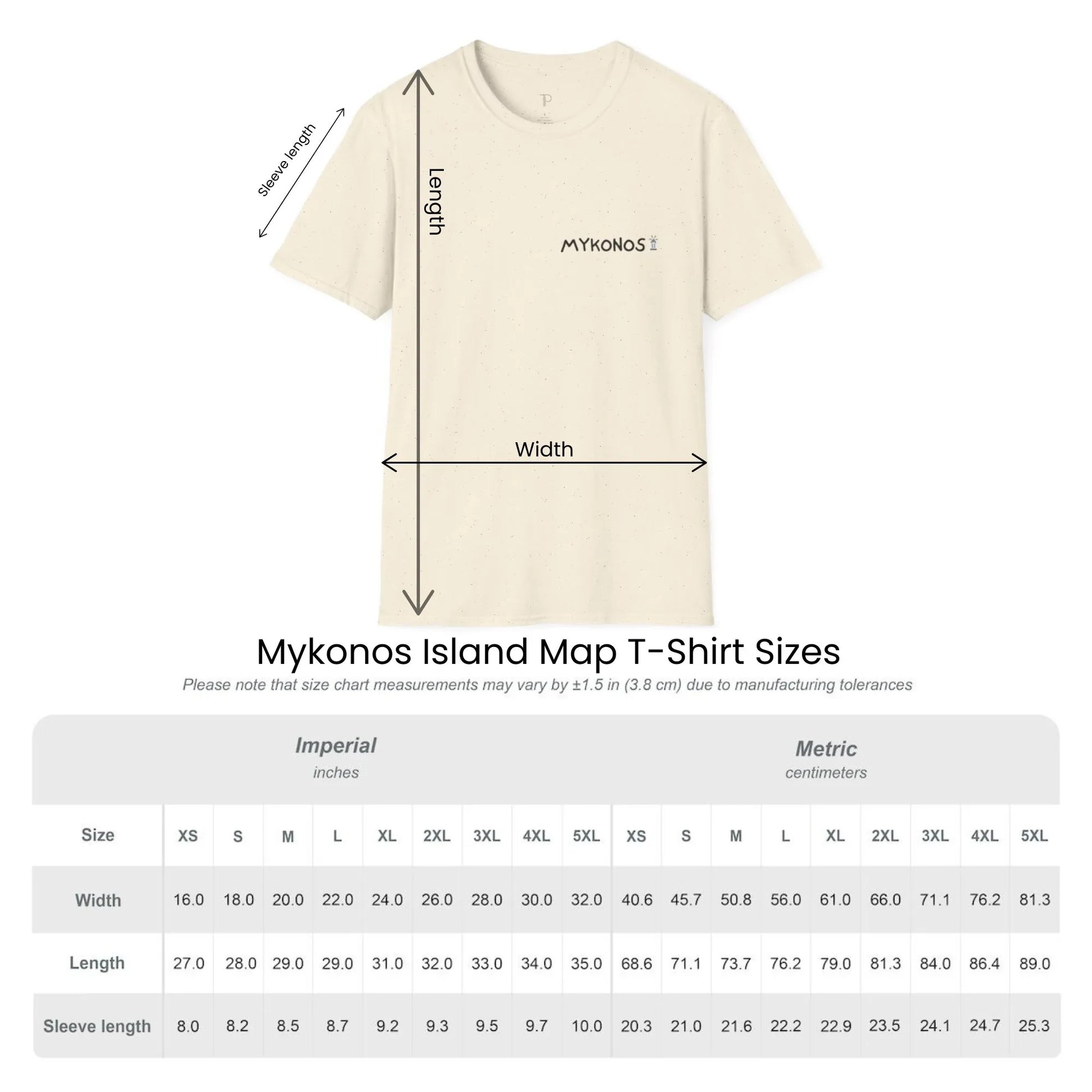 Size guide chart for Mykonos Island Map unisex t-shirt by ToldPrint