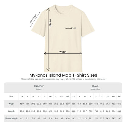 Size guide chart for Mykonos Island Map unisex t-shirt by ToldPrint