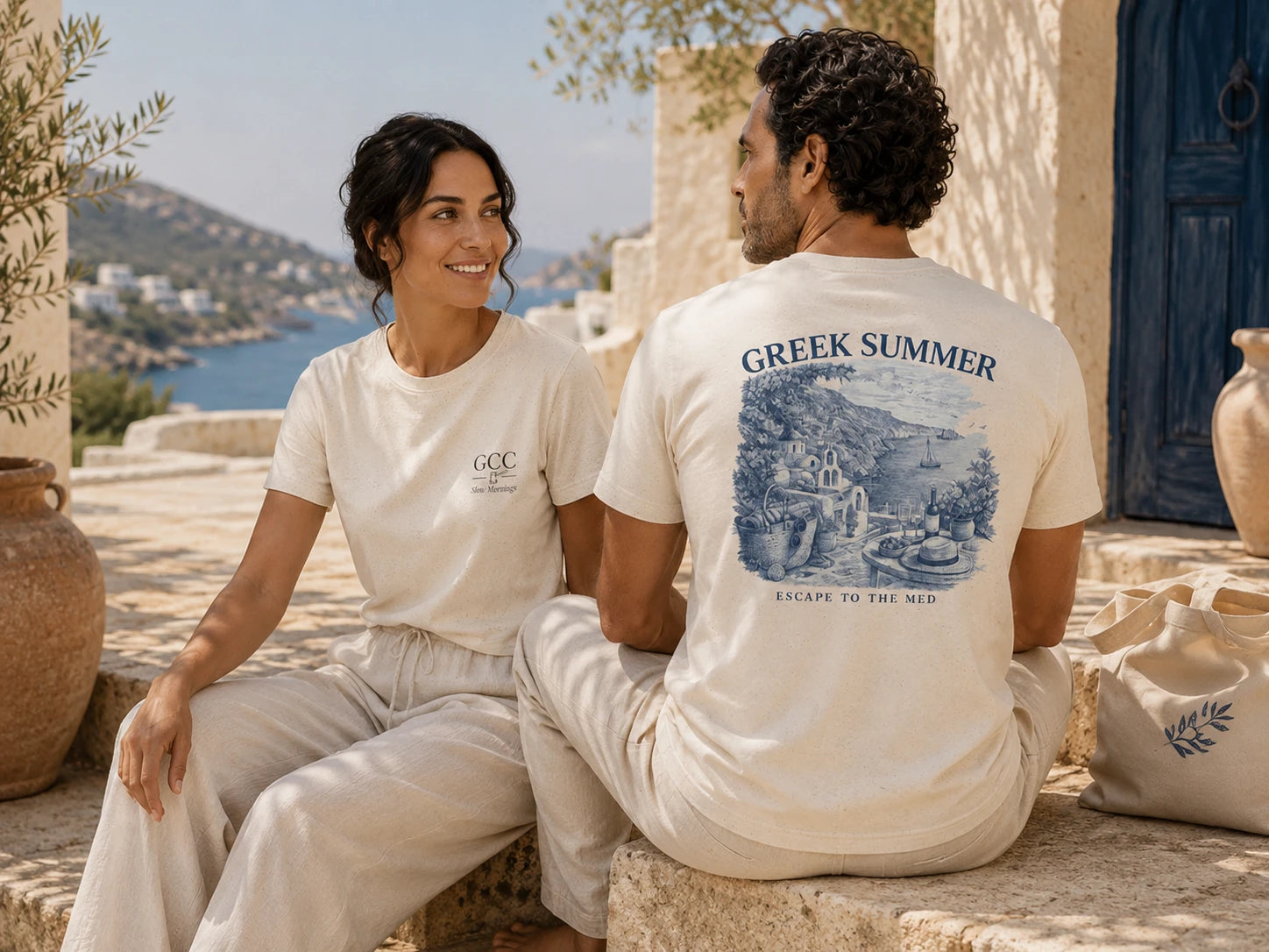 Models wearing ToldPrint Greek Summer and Greek Coffee Club T-shirts in a Mediterranean coastal courtyard