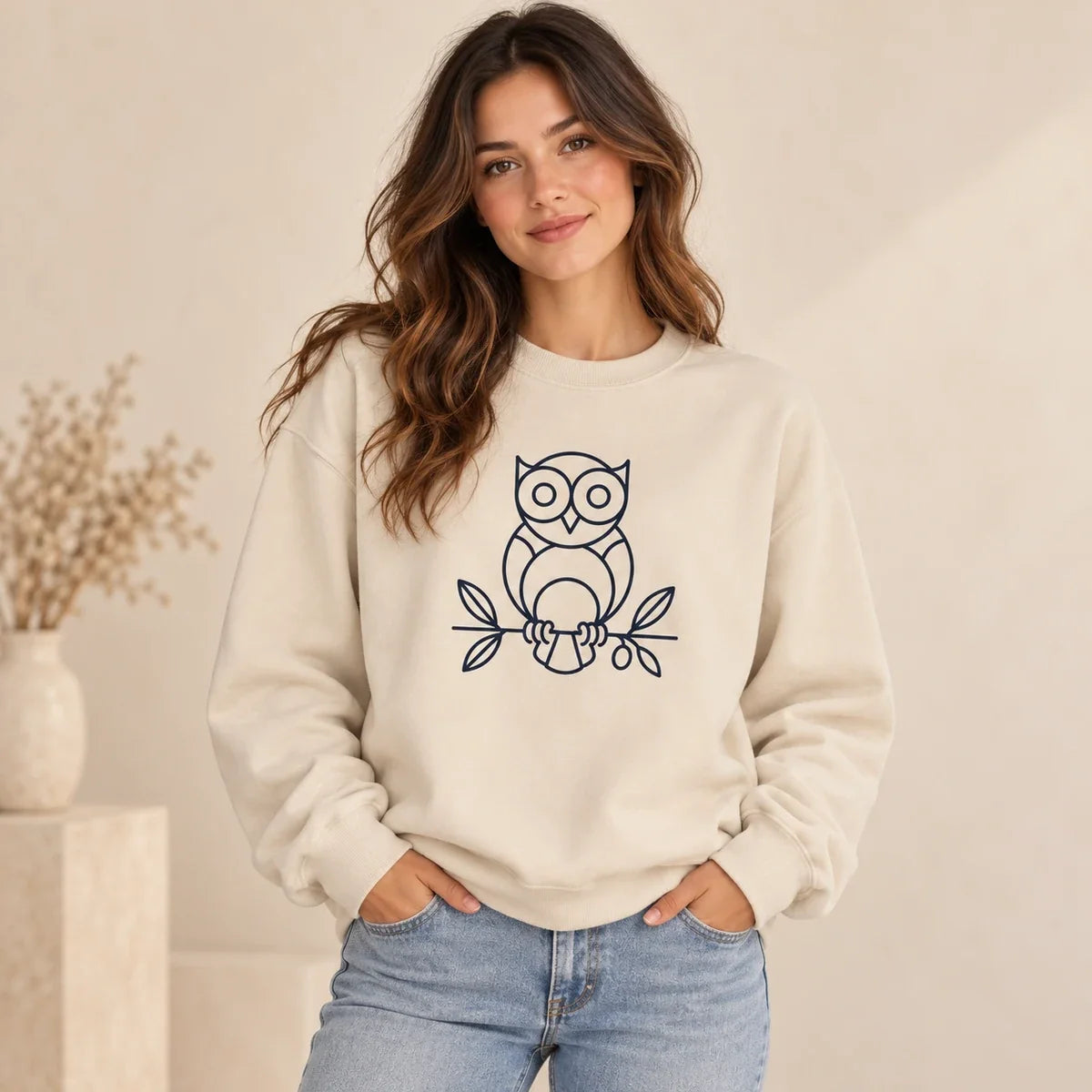 Owl Wisdom Sweatshirt Sand - studio lifestyle mockup