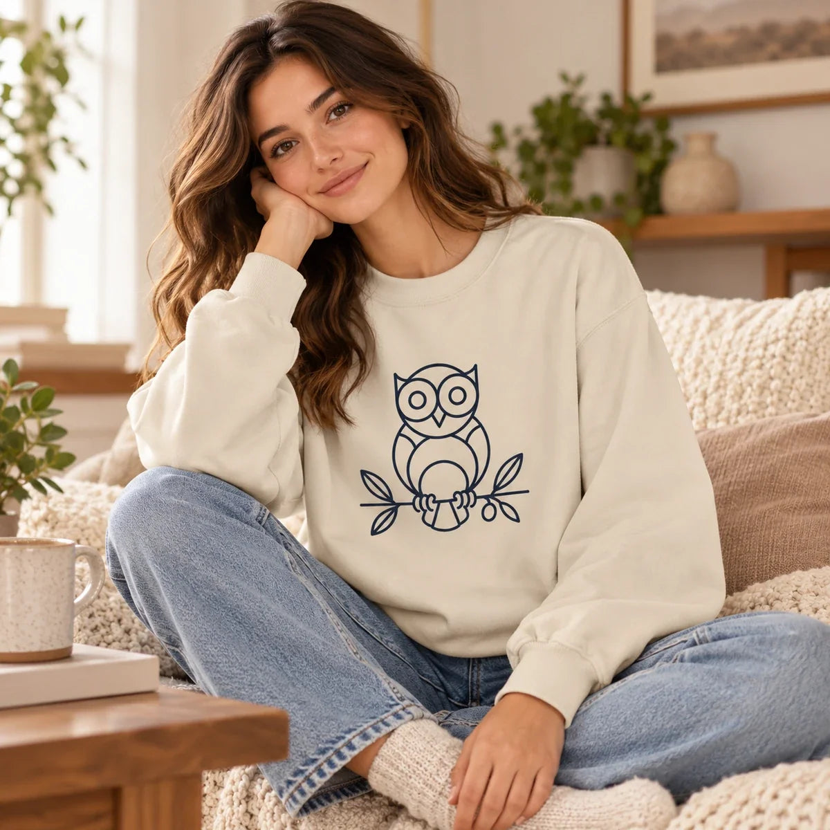 Owl Wisdom Sweatshirt Sand - cozy lifestyle mockup
