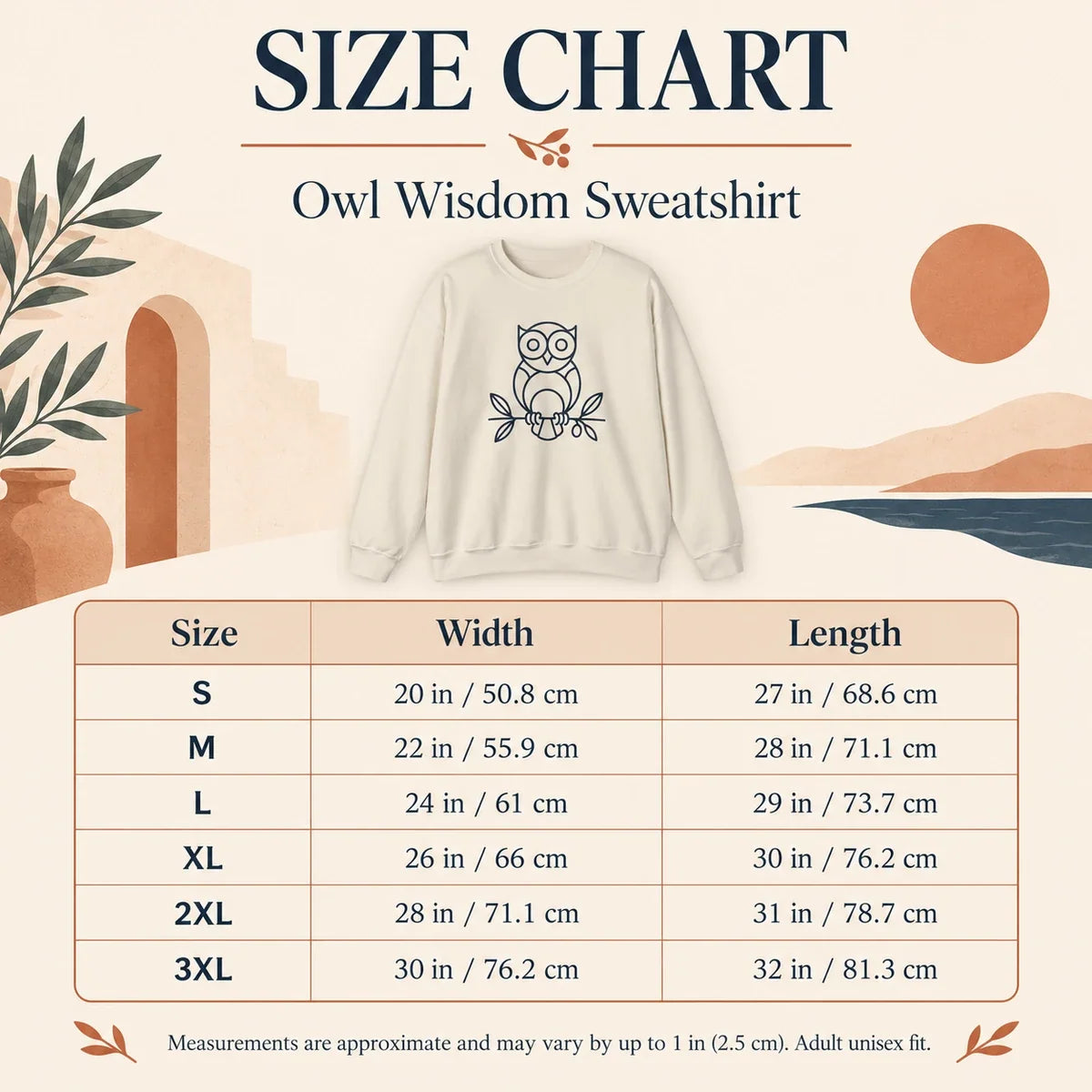 Owl Wisdom Sweatshirt - size chart S-3XL in and cm