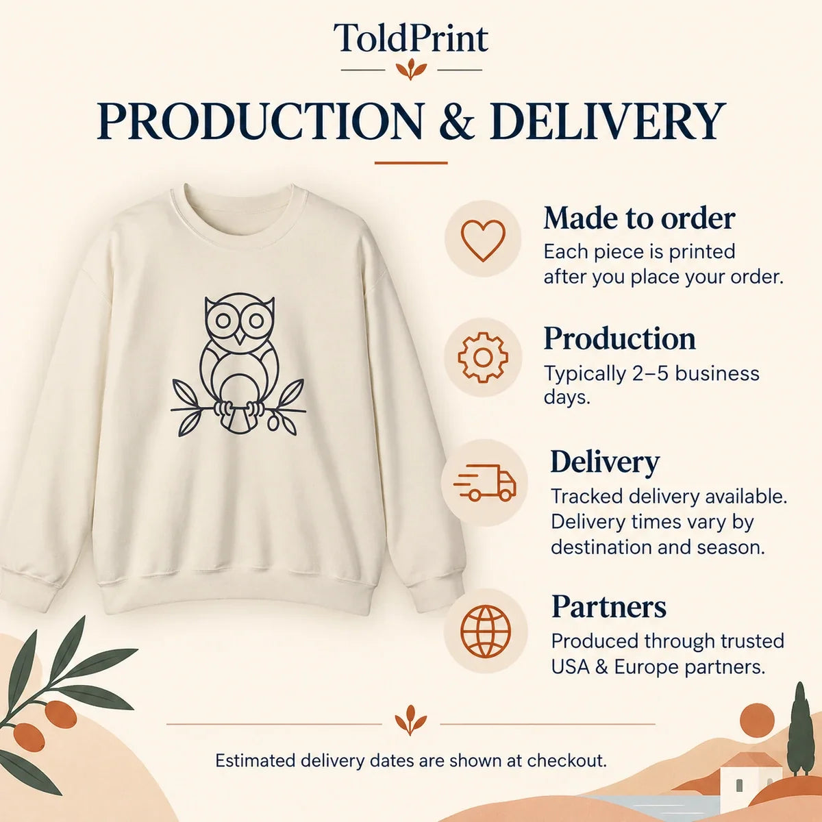 Owl Wisdom Sweatshirt - production and delivery guide