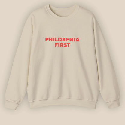 Flat lay of Philoxenia First Greek hospitality embroidered unisex crewneck sweatshirt by ToldPrint
