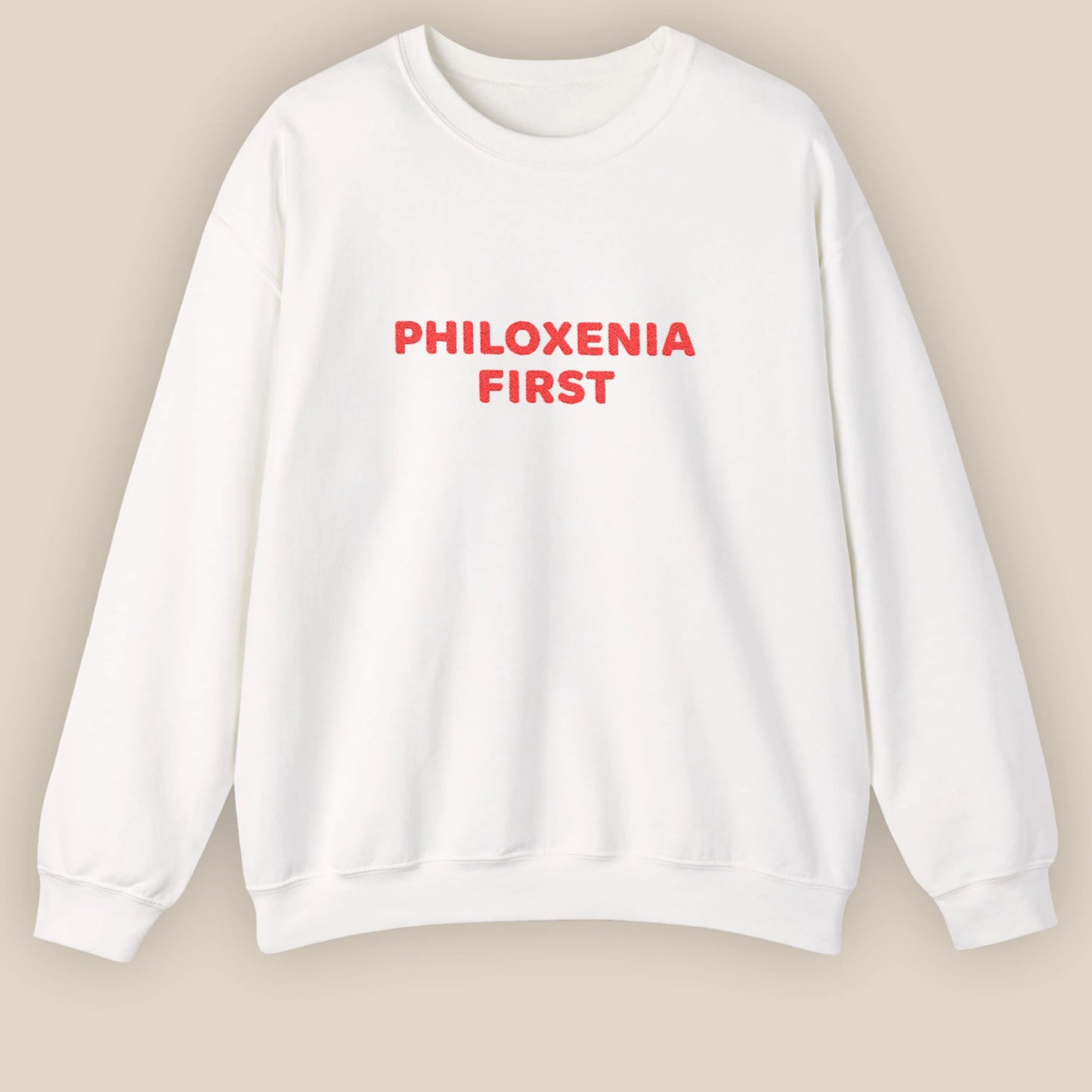 Flat lay of Philoxenia First Greek hospitality embroidered unisex crewneck sweatshirt by ToldPrint