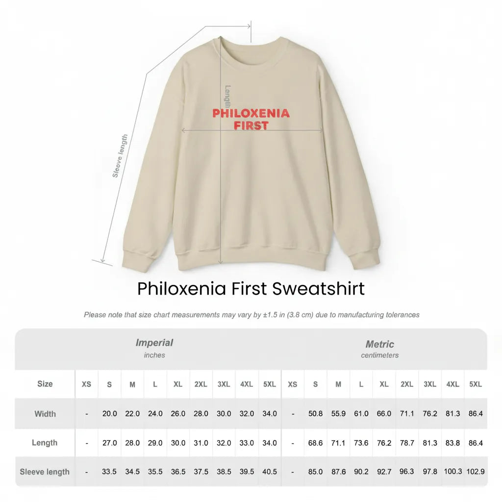 Size guide graphic for Philoxenia First unisex Gildan 18000 embroidered sweatshirt with measurements in cm and inches