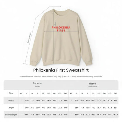 Size guide graphic for Philoxenia First unisex Gildan 18000 embroidered sweatshirt with measurements in cm and inches