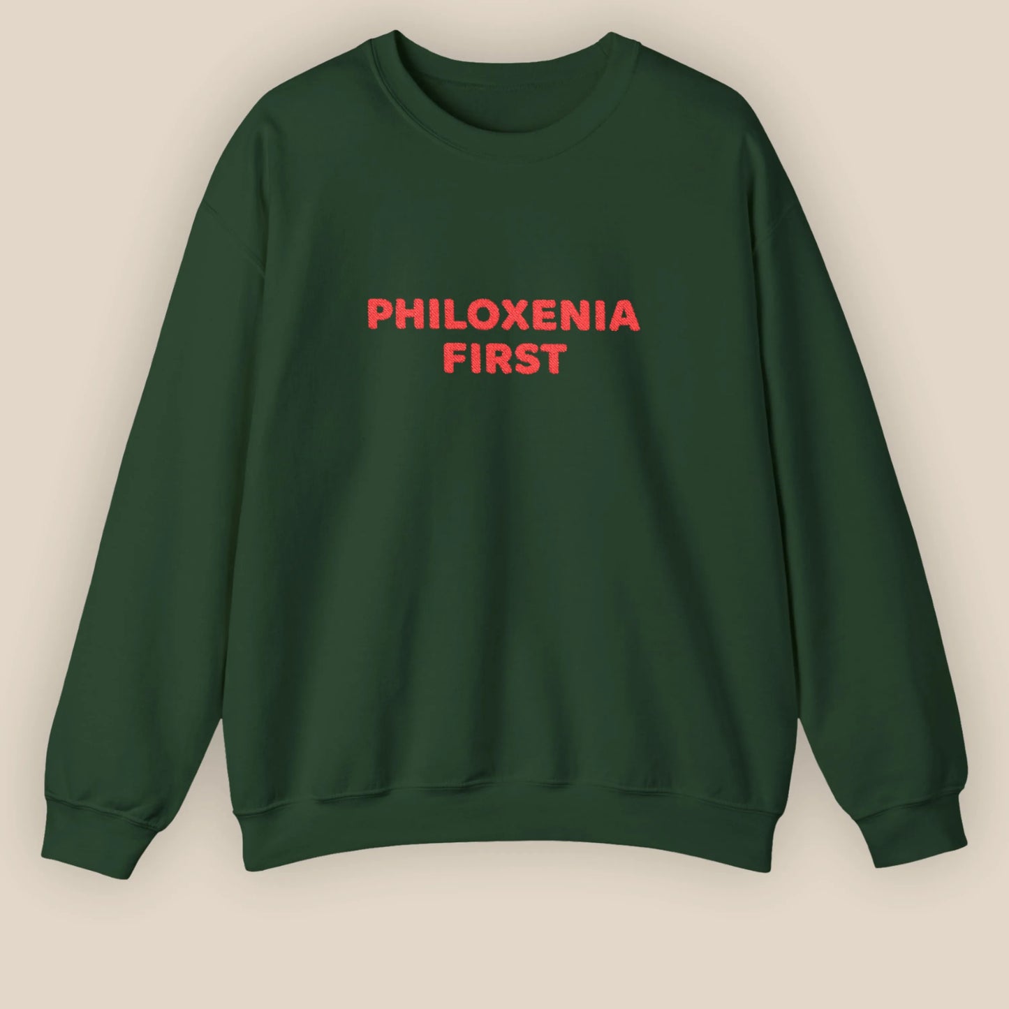Flat lay of Philoxenia First Greek hospitality embroidered unisex crewneck sweatshirt by ToldPrint