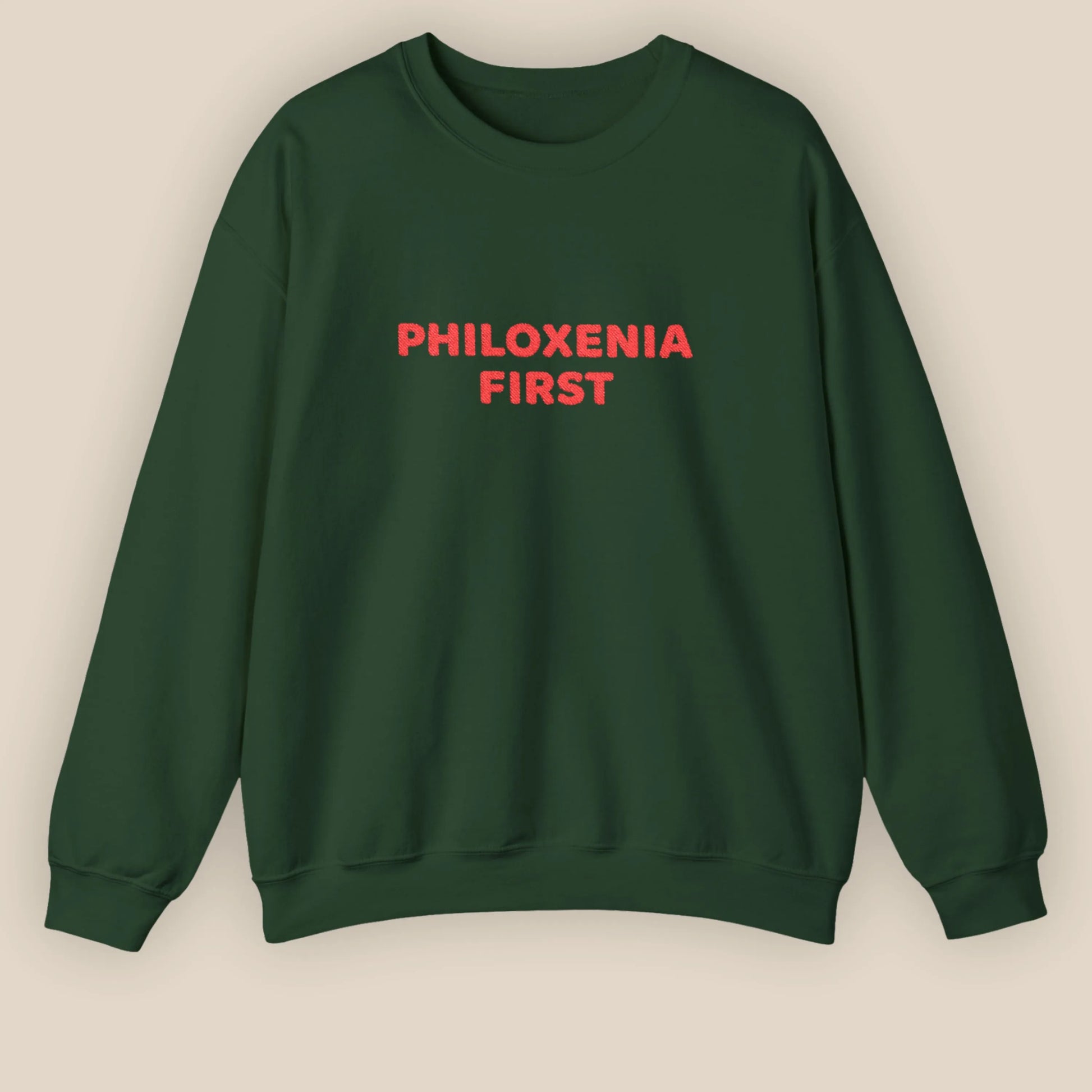 Flat lay of Philoxenia First Greek hospitality embroidered unisex crewneck sweatshirt by ToldPrint