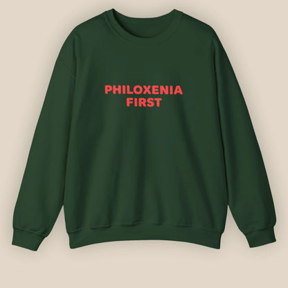 Flat lay of Philoxenia First Greek hospitality embroidered unisex crewneck sweatshirt by ToldPrint