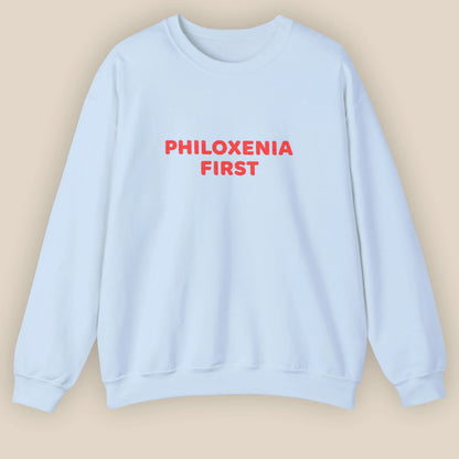 Flat lay of Philoxenia First Greek hospitality embroidered unisex crewneck sweatshirt by ToldPrint