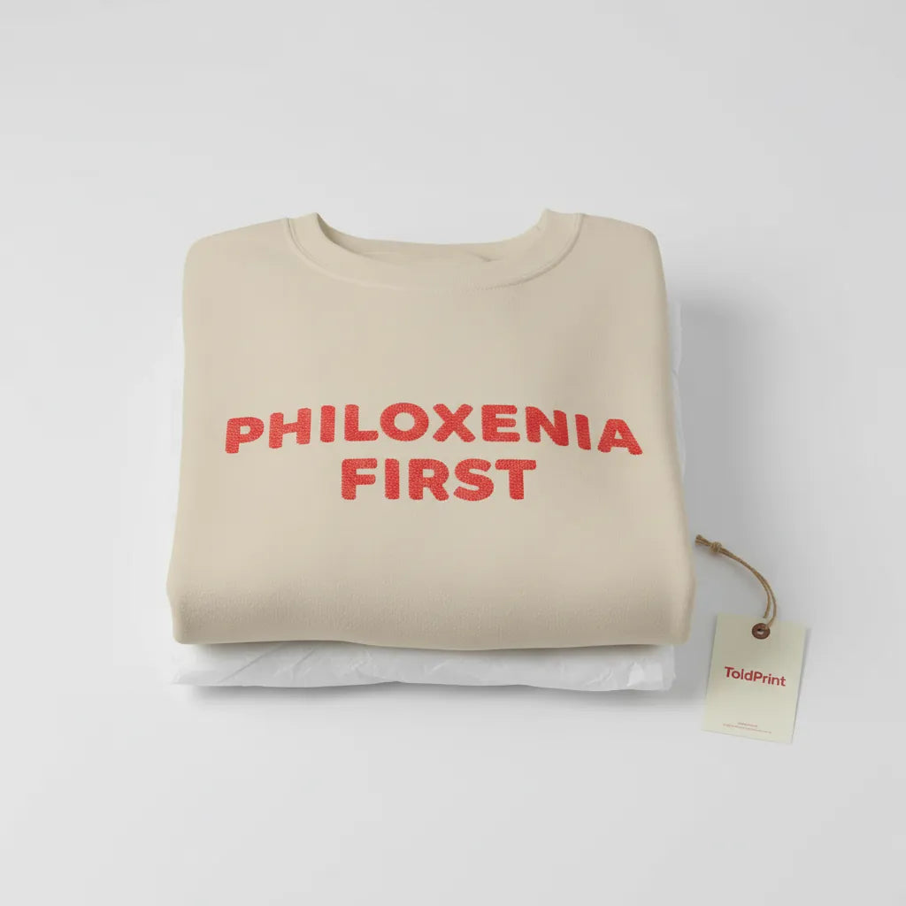 Folded Philoxenia First embroidered sweatshirt with minimalist ToldPrint Mediterranean packaging