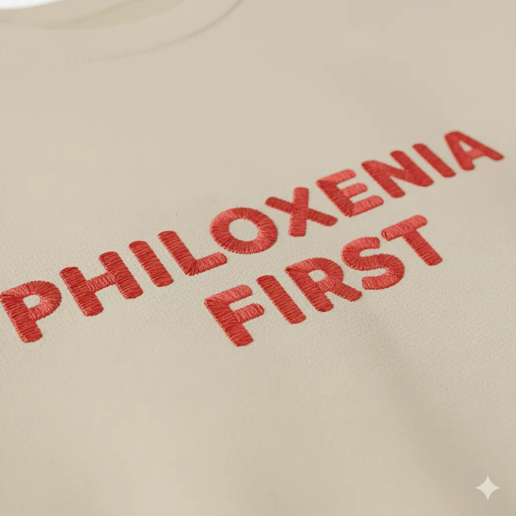 Close-up of Philoxenia First Greek hospitality slogan embroidery on fleece sweatshirt