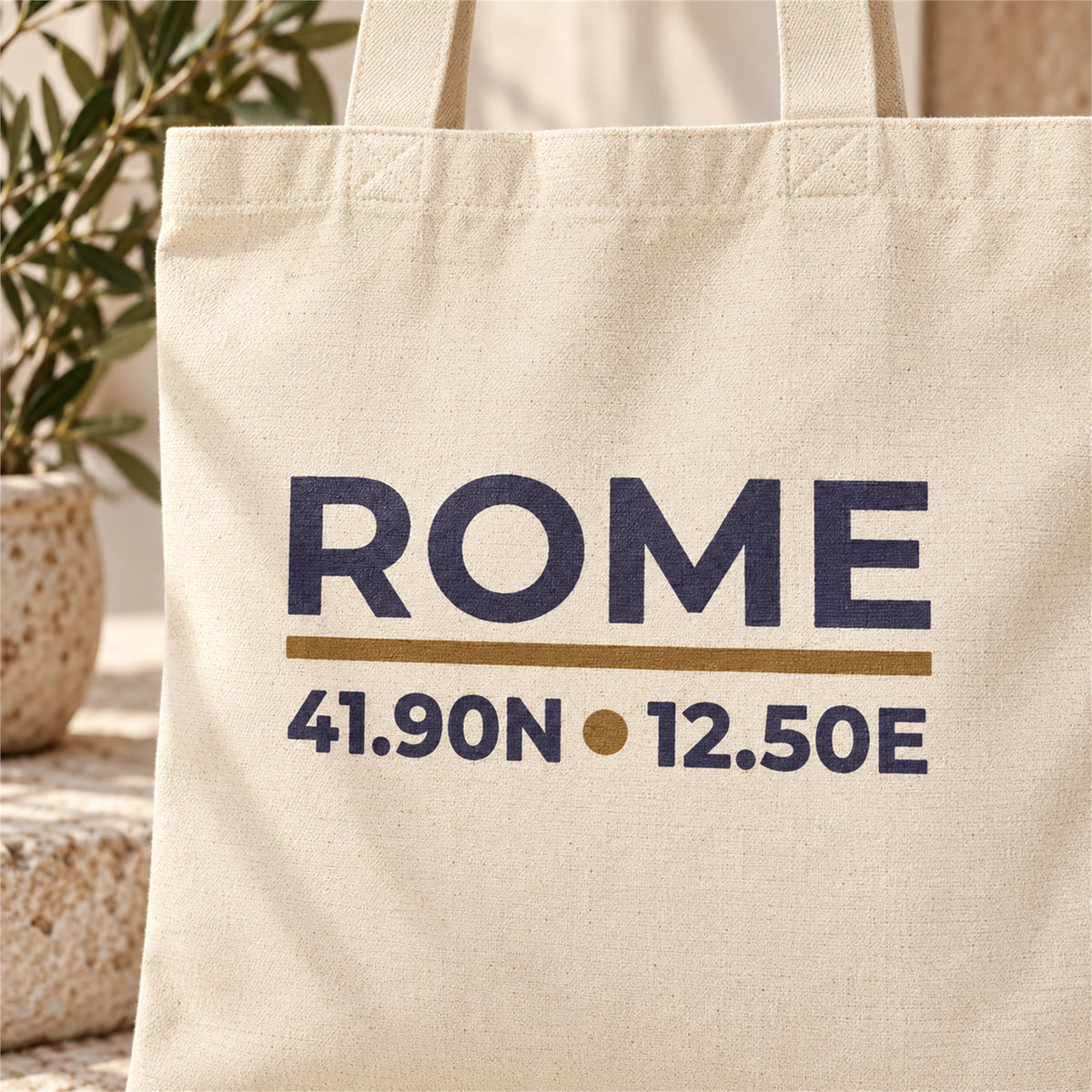 Close-up detail of the Rome Coordinates tote bag design