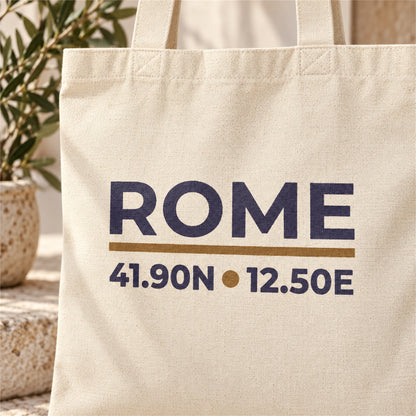 Close-up detail of the Rome Coordinates tote bag design