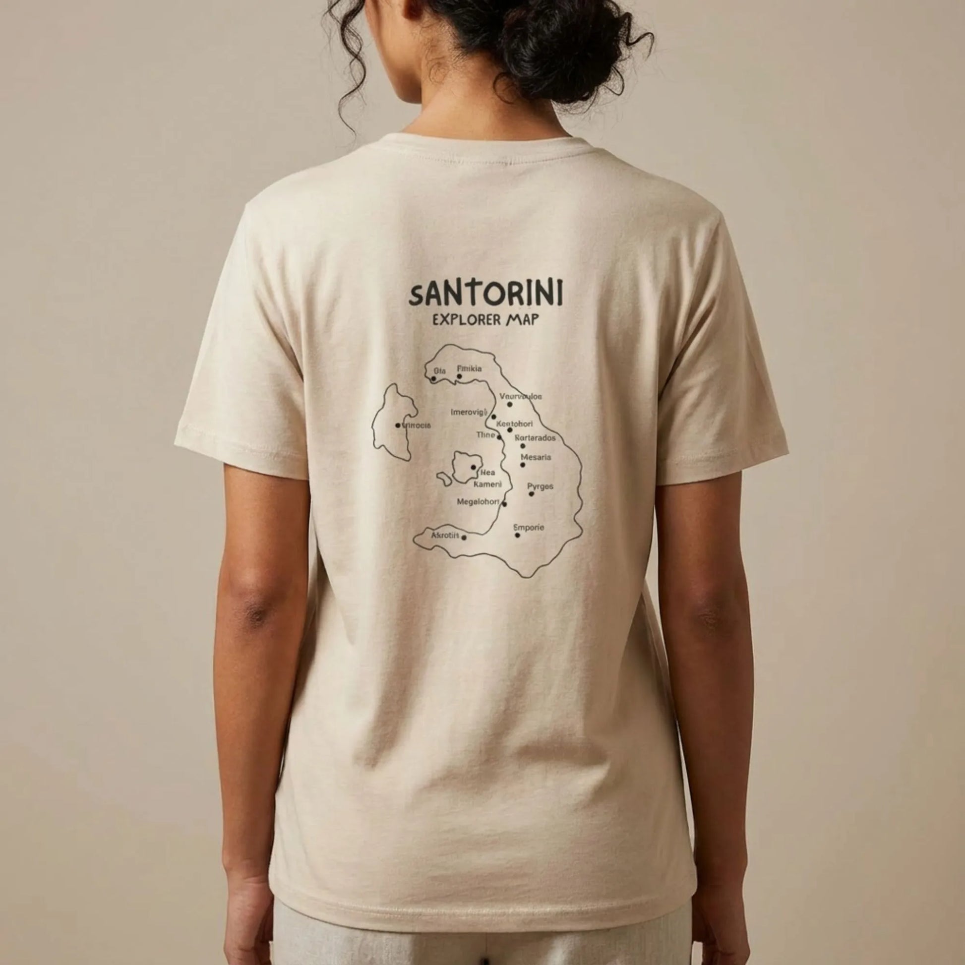 Back view of Santorini Island Map unisex travel t-shirt showing fit