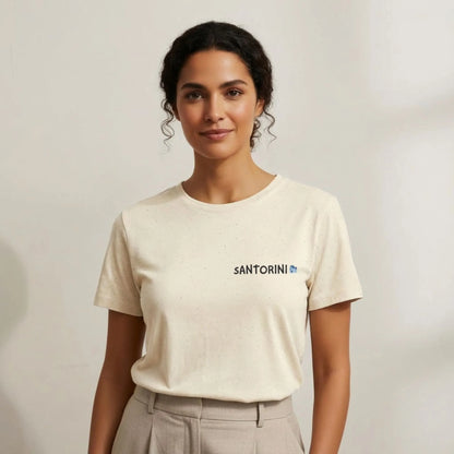 TP:HERO Model wearing Santorini Island Map travel t-shirt by ToldPrint in a calm studio