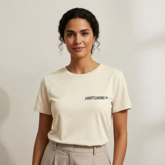 TP:HERO Model wearing Santorini Island Map travel t-shirt by ToldPrint in a calm studio