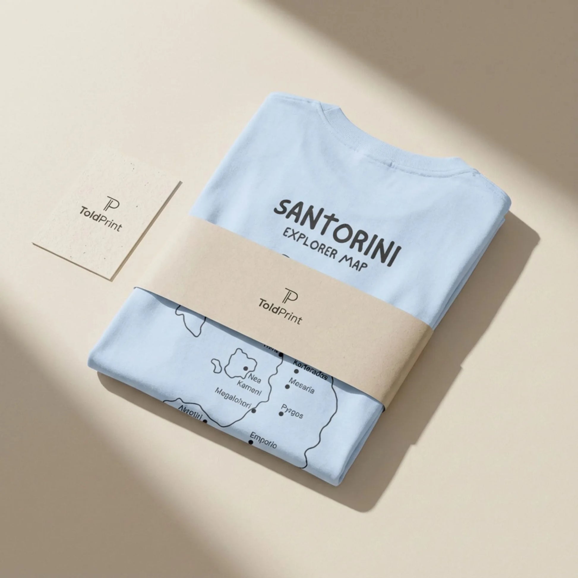 Folded Santorini Island Map t-shirt with ToldPrint Mediterranean branding