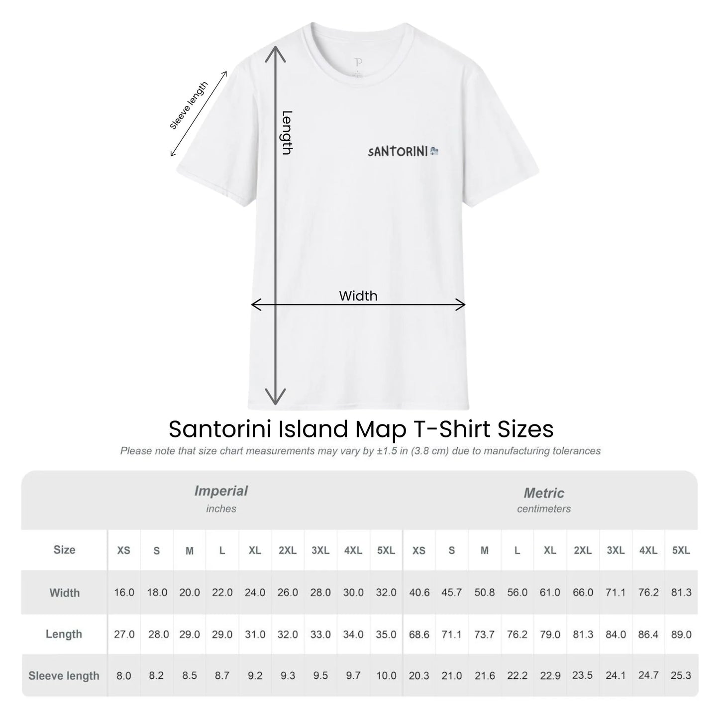 Size guide chart for Santorini Island Map unisex t-shirt by ToldPrint