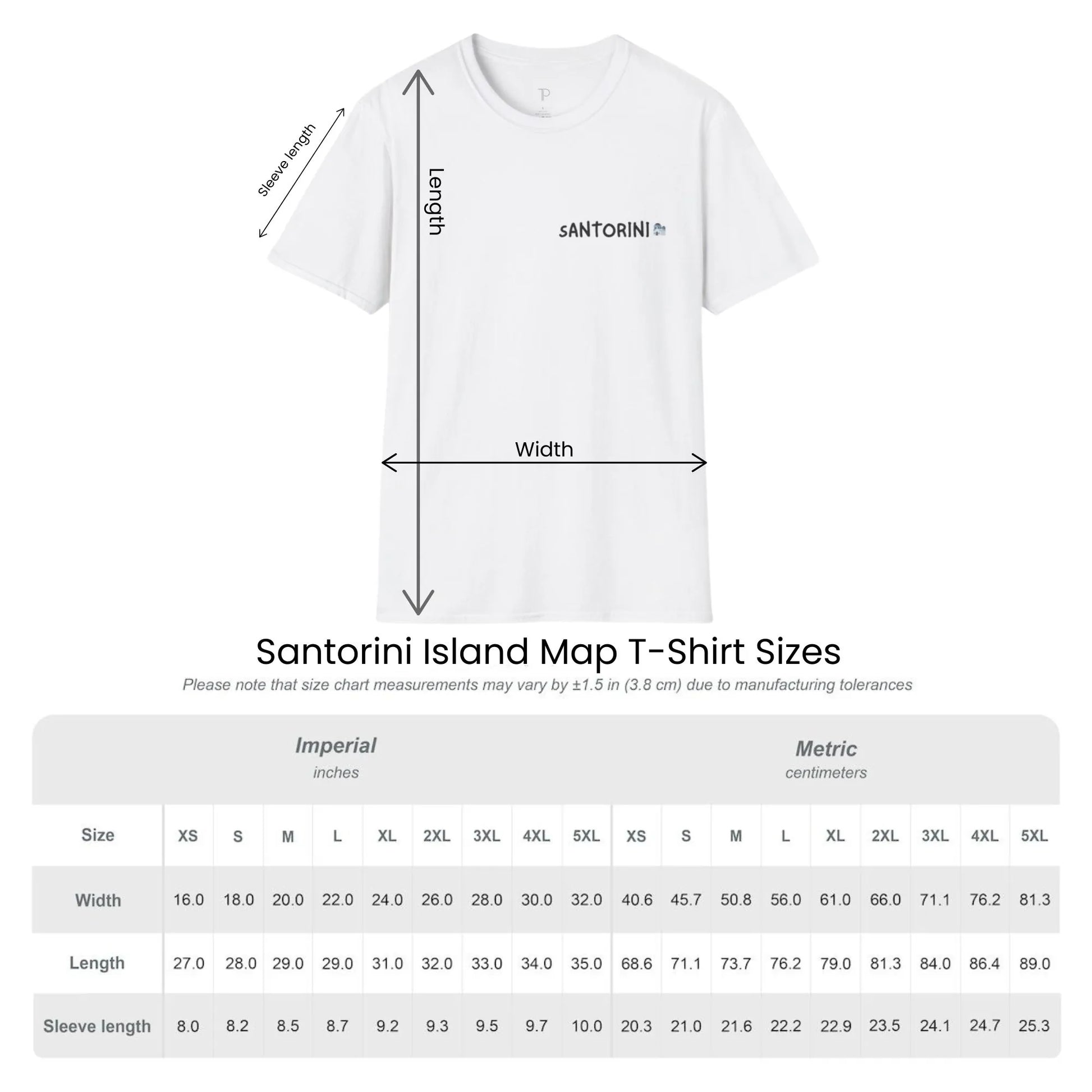 Size guide chart for Santorini Island Map unisex t-shirt by ToldPrint