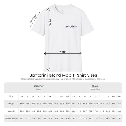 Size guide chart for Santorini Island Map unisex t-shirt by ToldPrint
