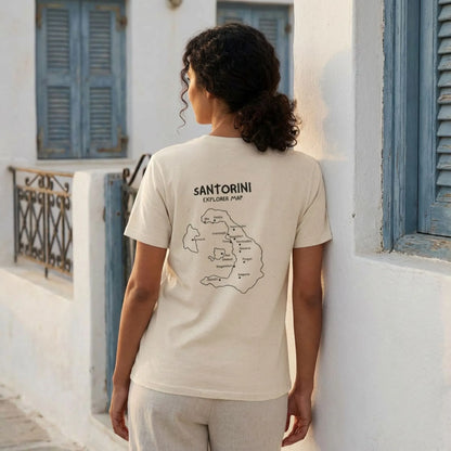 Santorini Island Map t-shirt worn by model in Cycladic whitewashed setting