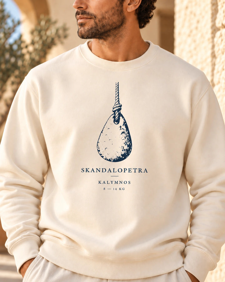 Skandalopetra Kalymnos Diving Stone Ivory crewneck on approved male model, design-focused close-up of the original front print