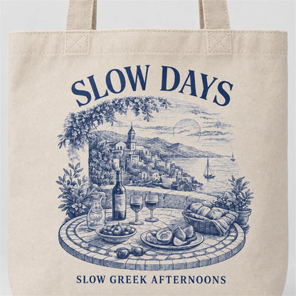 Close-up detail of the Slow Days tote bag design
