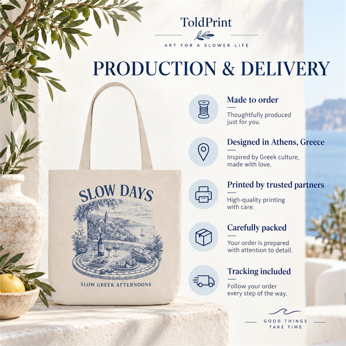Slow Days tote bag production and delivery information