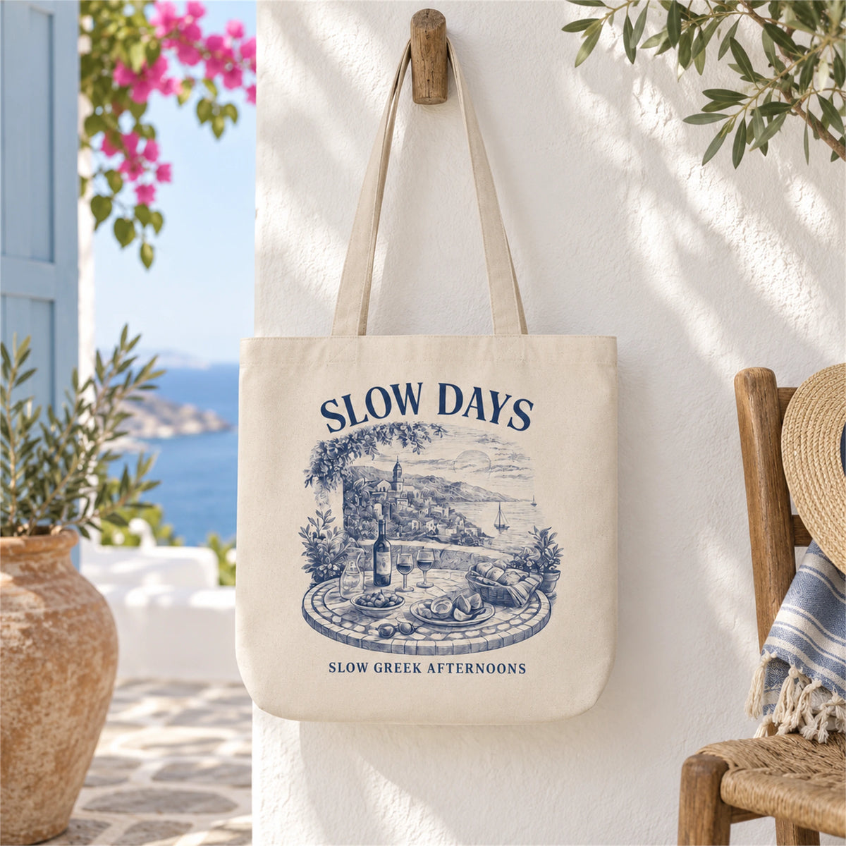 Slow Days tote bag hanging in a sunlit lifestyle scene