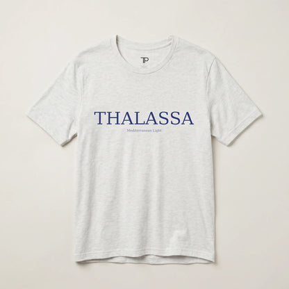 Gray t-shirt with 'THALASSA' text on a beige background