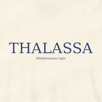Text 'THALASSA Mediterranean Light' on a beige background