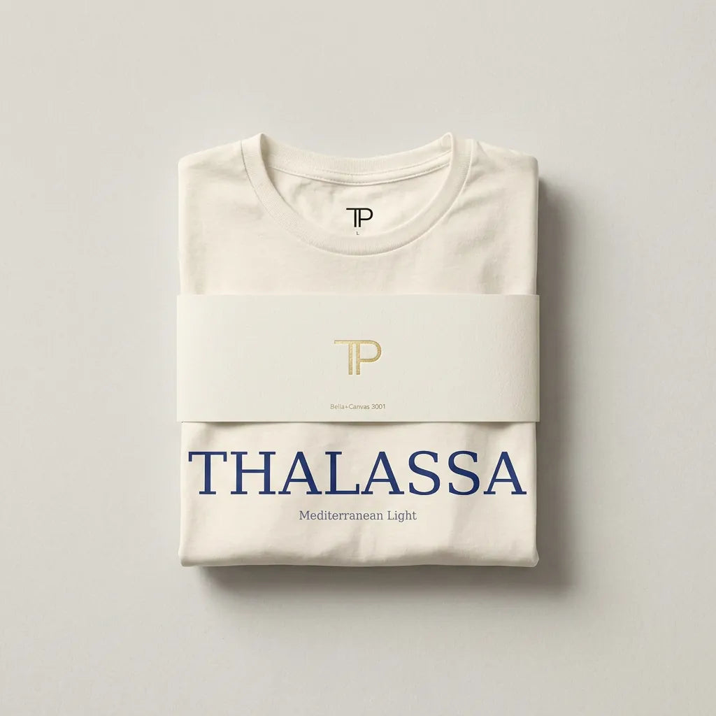 Folded cream-colored sweatshirt with 'THALASSA' and logo on a light gray background