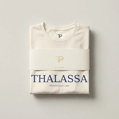 Folded cream-colored sweatshirt with 'THALASSA' and logo on a light gray background