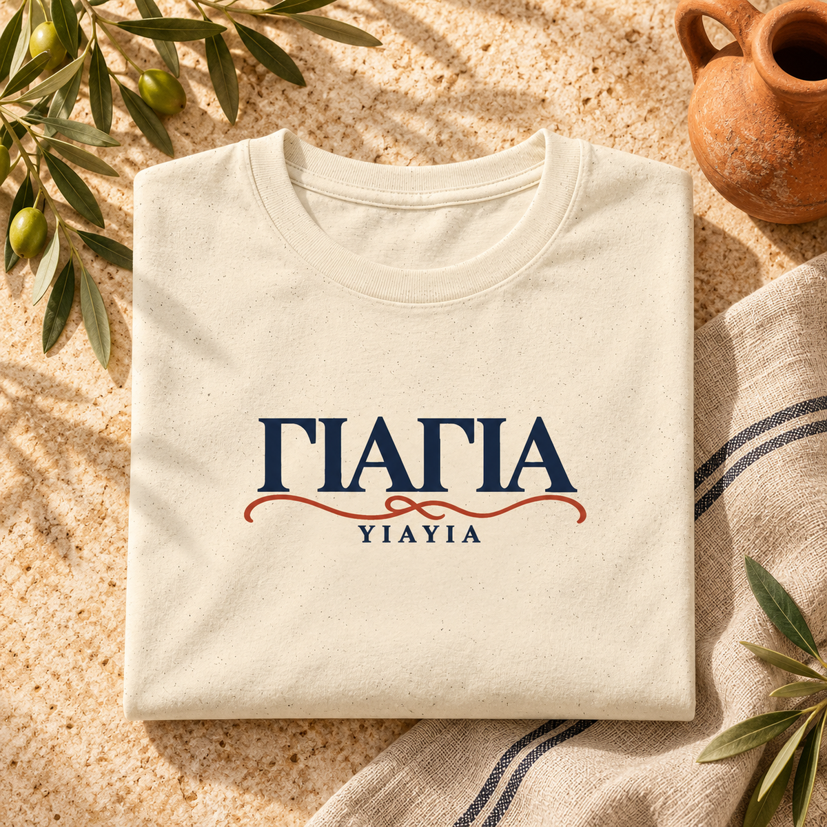 YIAYIA Greek heritage T-shirt folded flat lay with olive branches