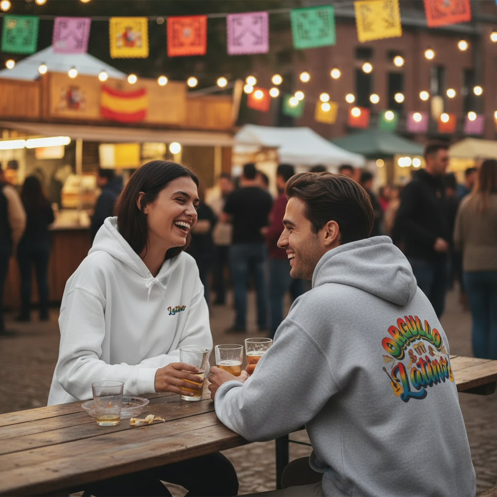 Two people sitting at a wooden table in an outdoor market setting, wearing hoodies with colorful designs.