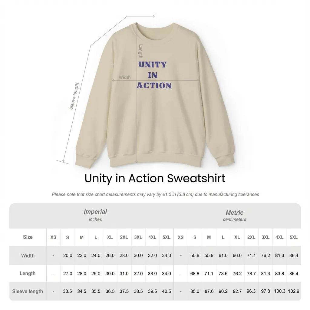 Size guide graphic for Unity in Action unisex Gildan 18500 embroidered hoodie with chest and length measurements