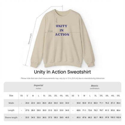 Size guide graphic for Unity in Action unisex Gildan 18500 embroidered hoodie with chest and length measurements