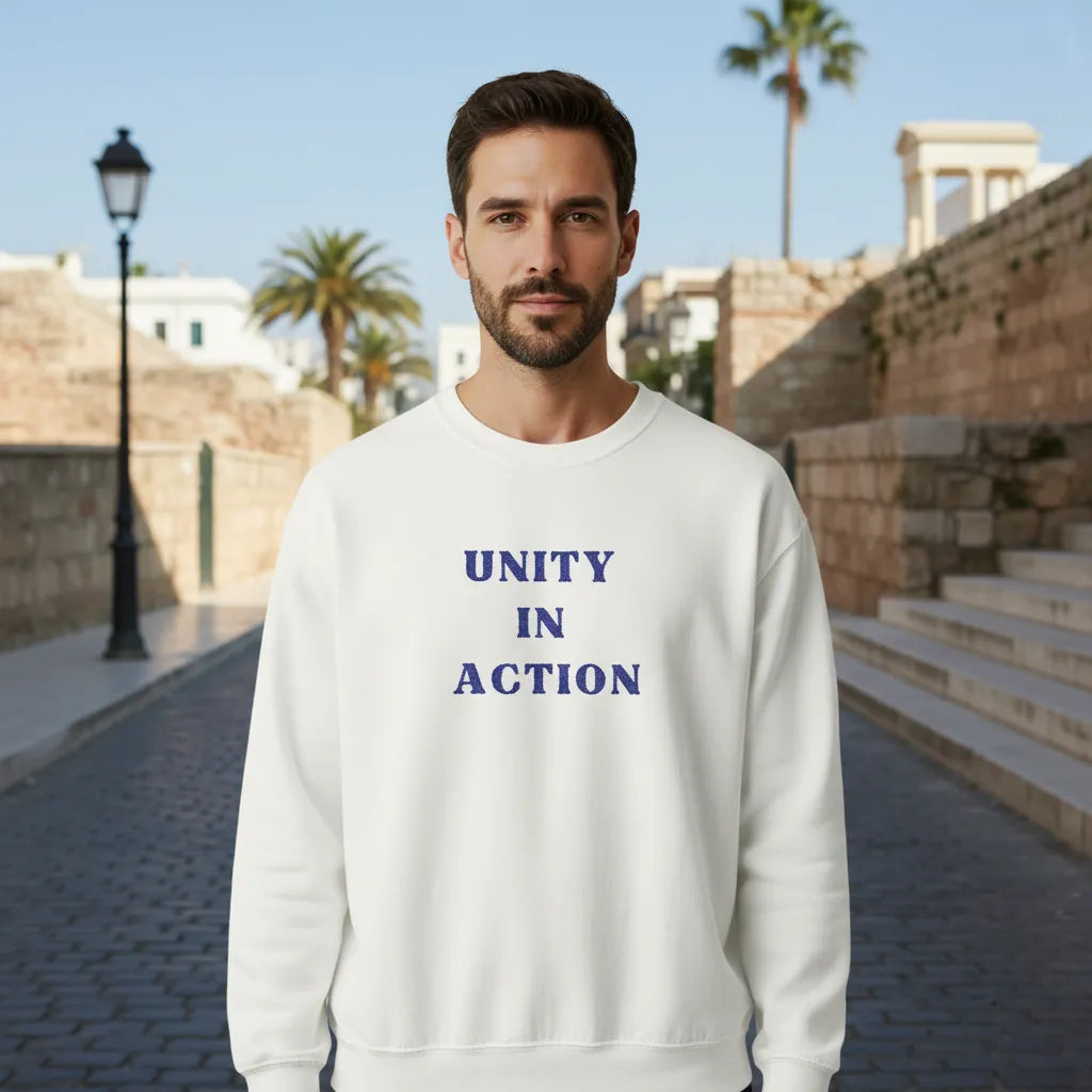Unity in Action Greekify embroidered hoodie styled in an urban street scene with subtle solidarity mood