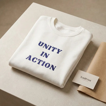 Folded Unity in Action embroidered hoodie with minimalist ToldPrint Mediterranean packaging