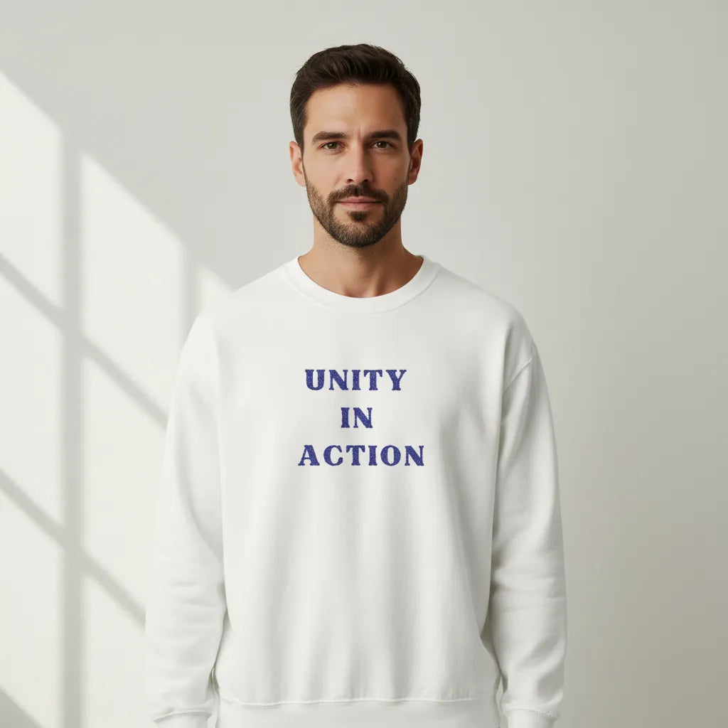 TP:HERO Model wearing Unity in Action Greekify embroidered unisex hoodie by ToldPrint in a calm studio setting