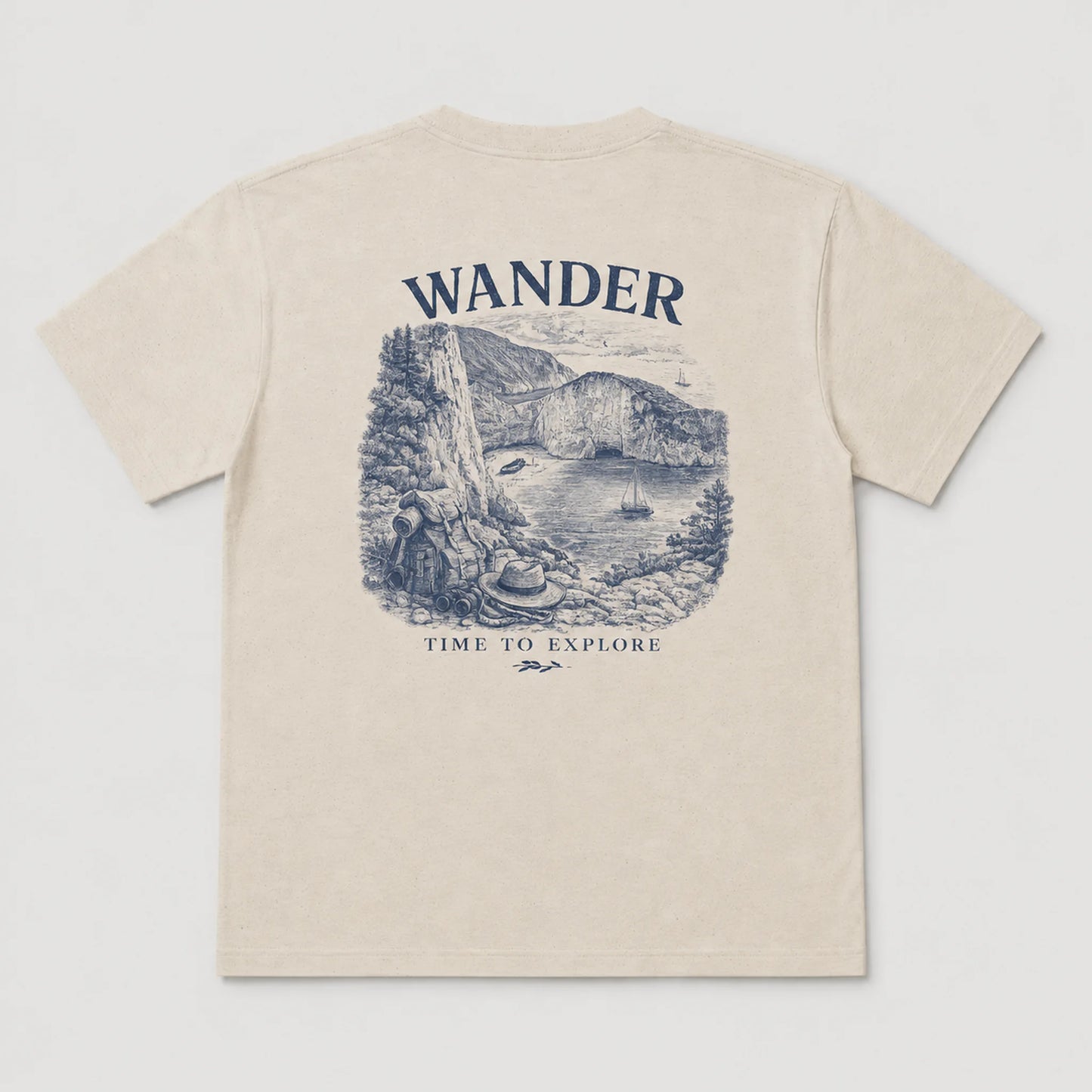 Beige t-shirt with a nature graphic and 'Wander Time to Explore' text on a white background
