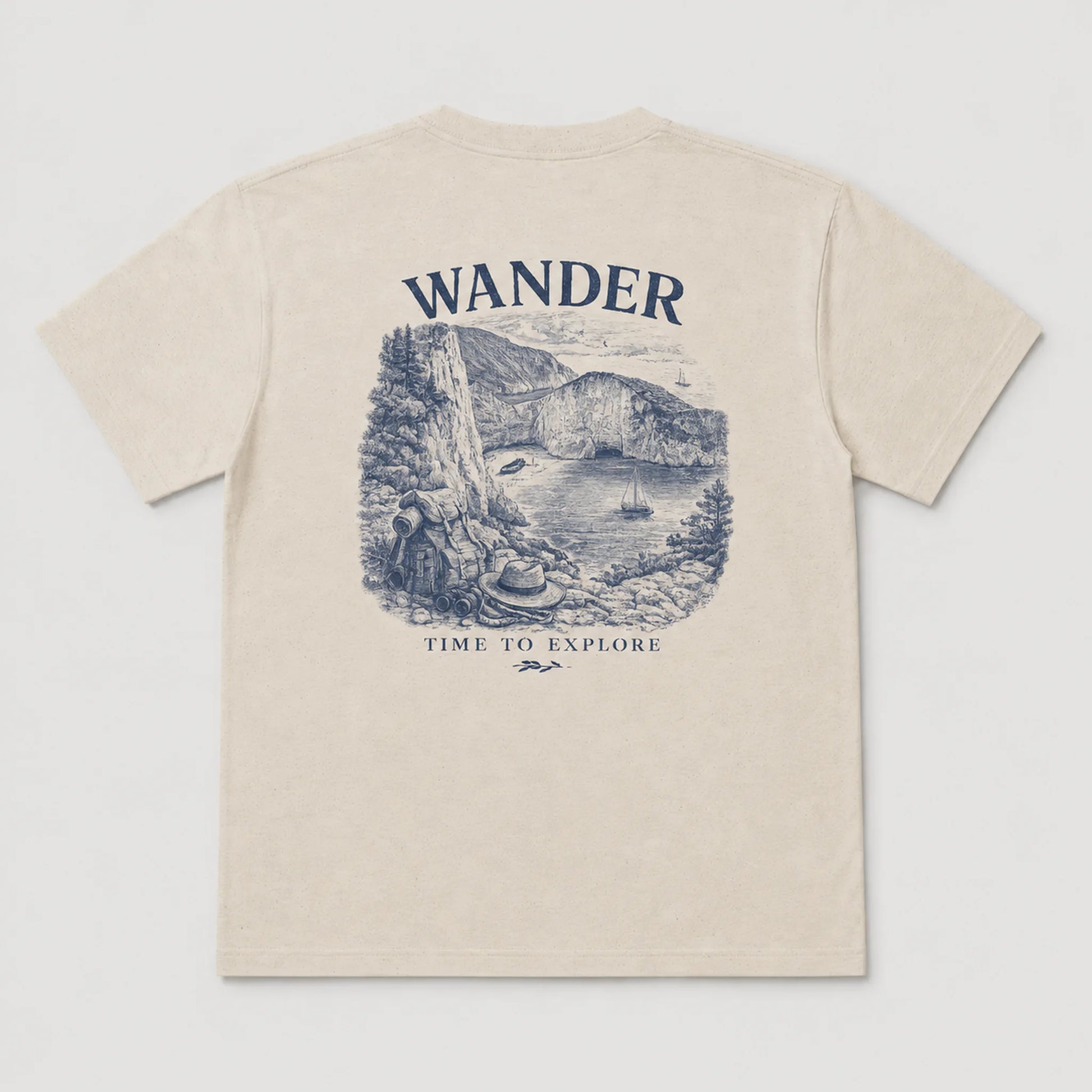 Beige t-shirt with a nature graphic and 'Wander Time to Explore' text on a white background