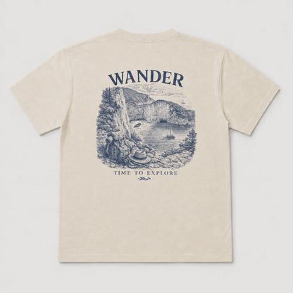Beige t-shirt with a nature graphic and 'Wander Time to Explore' text on a white background