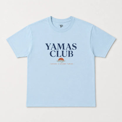 Light blue t-shirt with 'Yamas Club' text on a white background